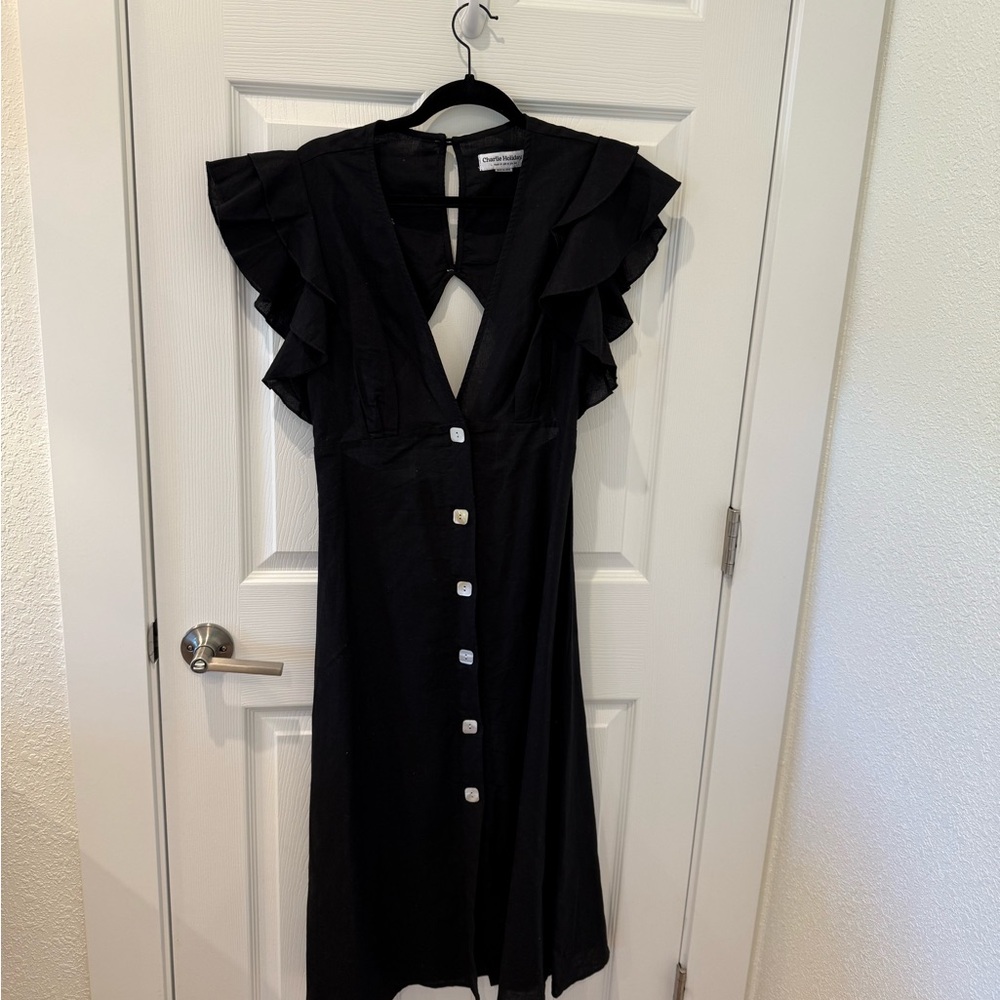 Charlie Holiday Black Midi Dress with Ruffle Sleeves